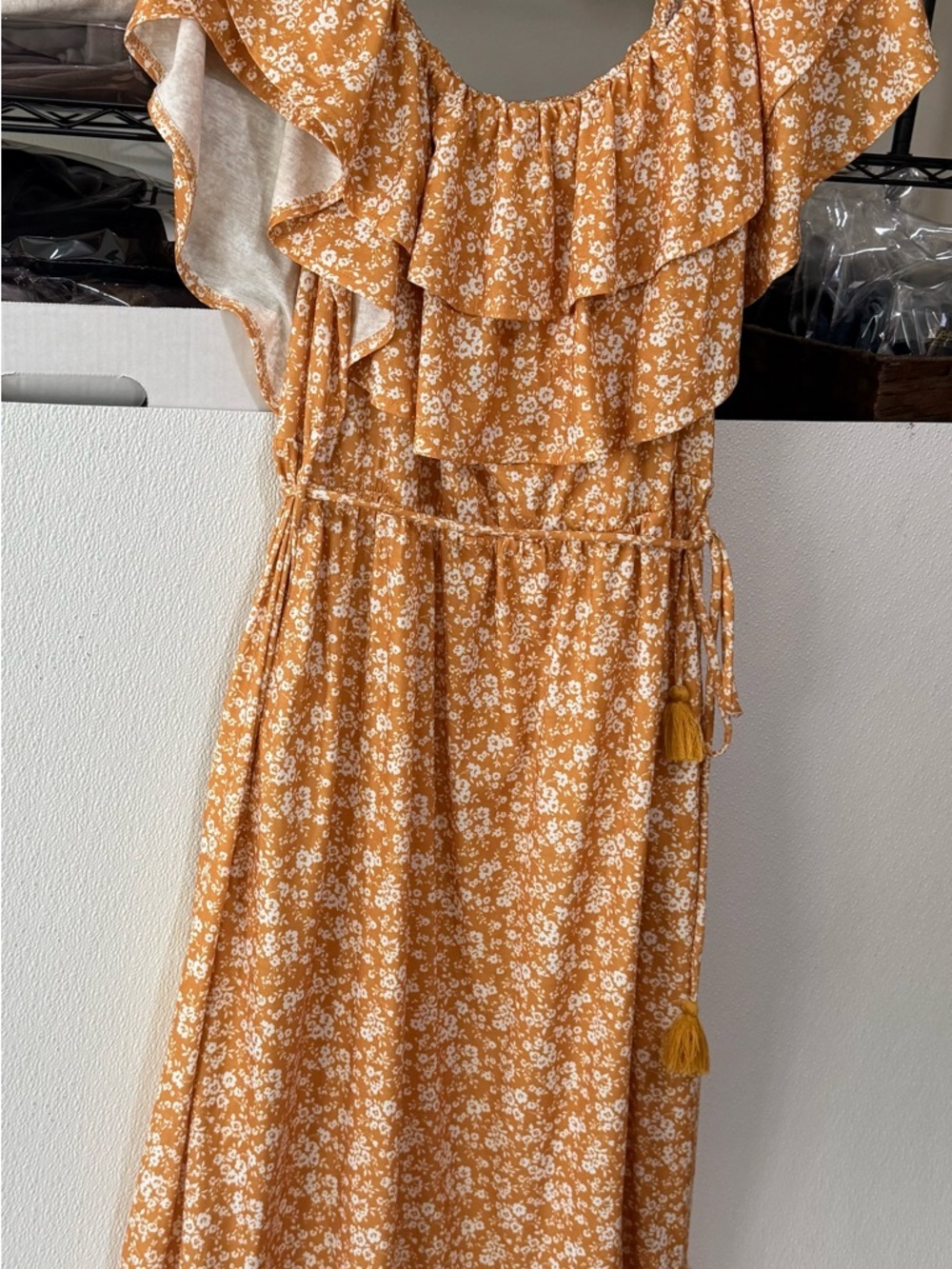 Mustard Yellow Floral Ruffle Maxi Dress